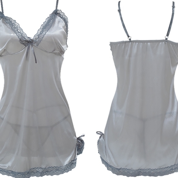 LINGERIE SATEEN LACE BABYDOLL GREY TBACK SLEEP SET PLUS SIZED AVALIABLE - Picture 2 of 3